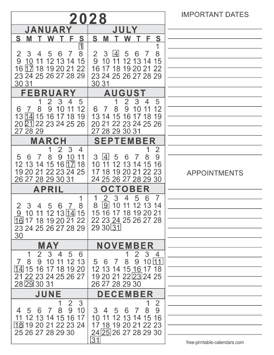 2028 Calendar 5 Free Printable - 2028 Free Printable Calendar 5 